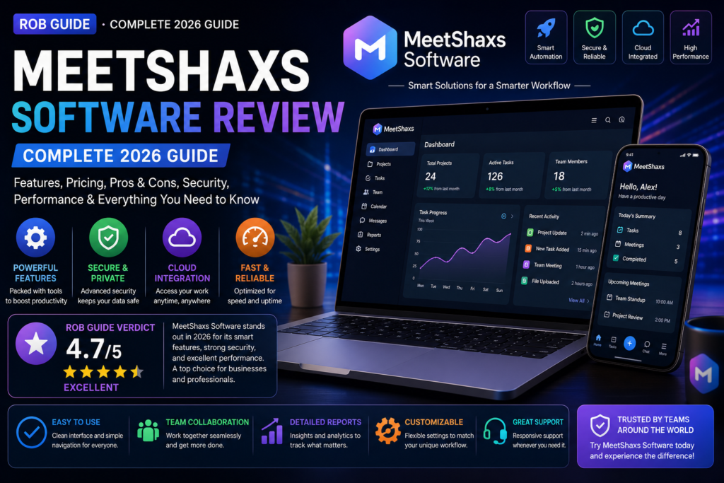 MeetShaxs Software Review: Complete 2026 Guide MeetShaxs software dashboard showcasing AI-powered workflow automation, project management, cloud integration, and security features in 2026.