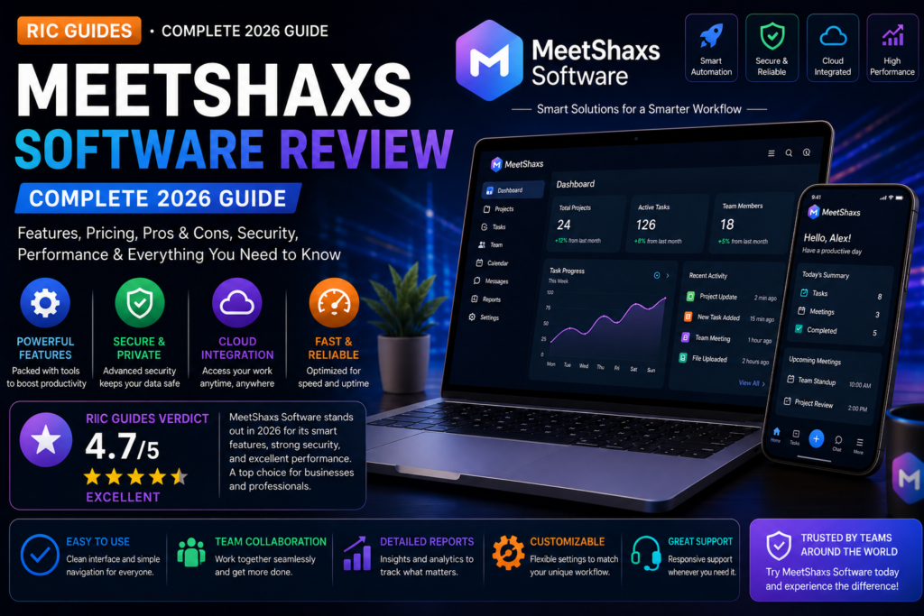 MeetShaxs Software Review 2026 guide with laptop and mobile dashboard