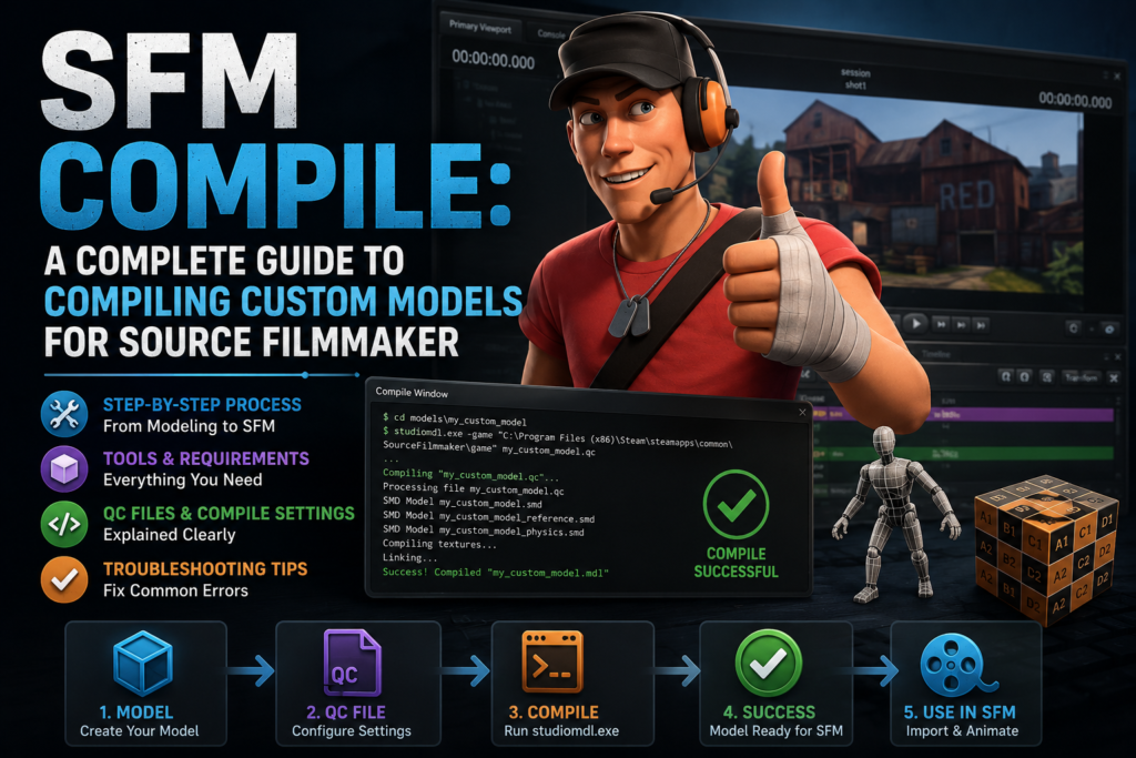 SFM Compile: The Best Guide to Compiling Custom Models for Source Filmmaker SFM compile guide showing how to compile custom Source Filmmaker models using QC files, SMD files, and StudioMDL with troubleshooting tips.