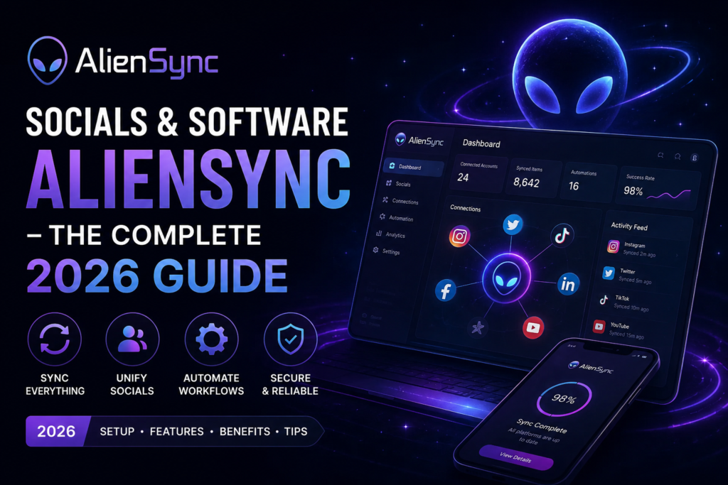 Socials and Software AlienSync – The Complete 2026 Guide Socials and Software AlienSync Complete 2026 Guide showing dashboard, social media integration, automation, and synchronization features.