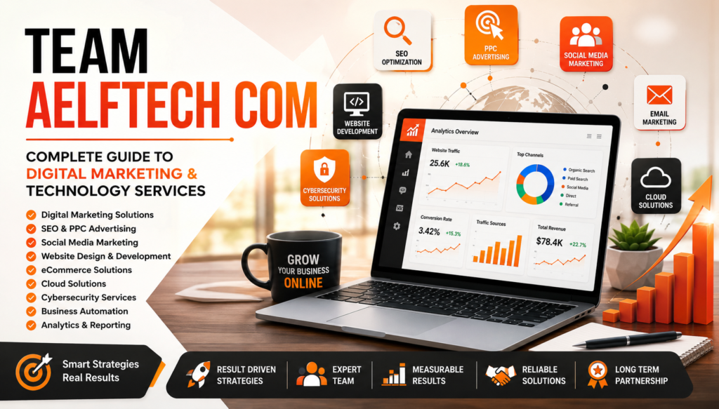 Team Aelftech.com Review: Ultimate Guide to Digital Marketing Services Team Aelftech com featured image showing digital marketing, SEO, website development, cloud solutions, cybersecurity, and business technology services.