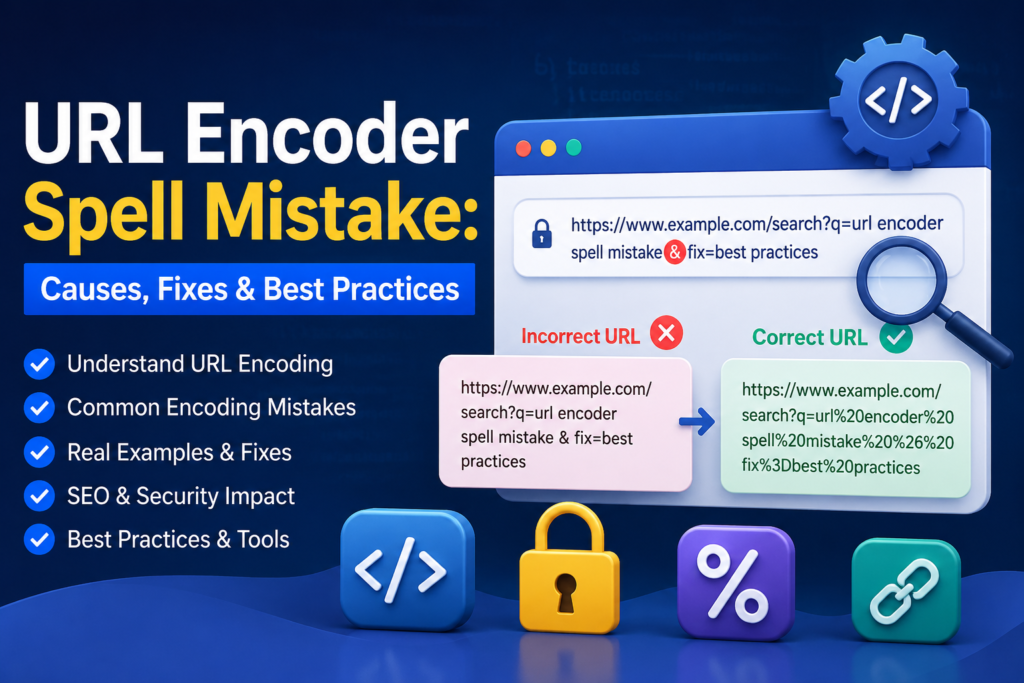 Illustration explaining URL encoder spell mistakes, common URL encoding errors, percent encoding examples, and best practices for fixing encoded URLs.