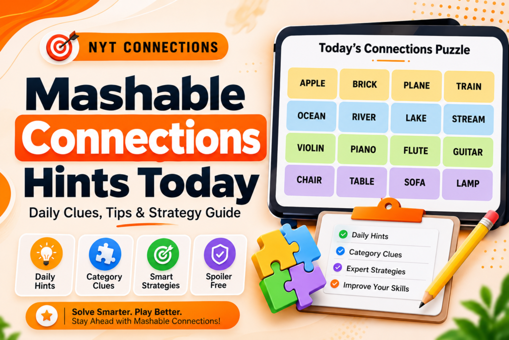 Mashable Connections Hints Today featured image showing NYT Connections daily hints, category clues, and strategy guide for 2026