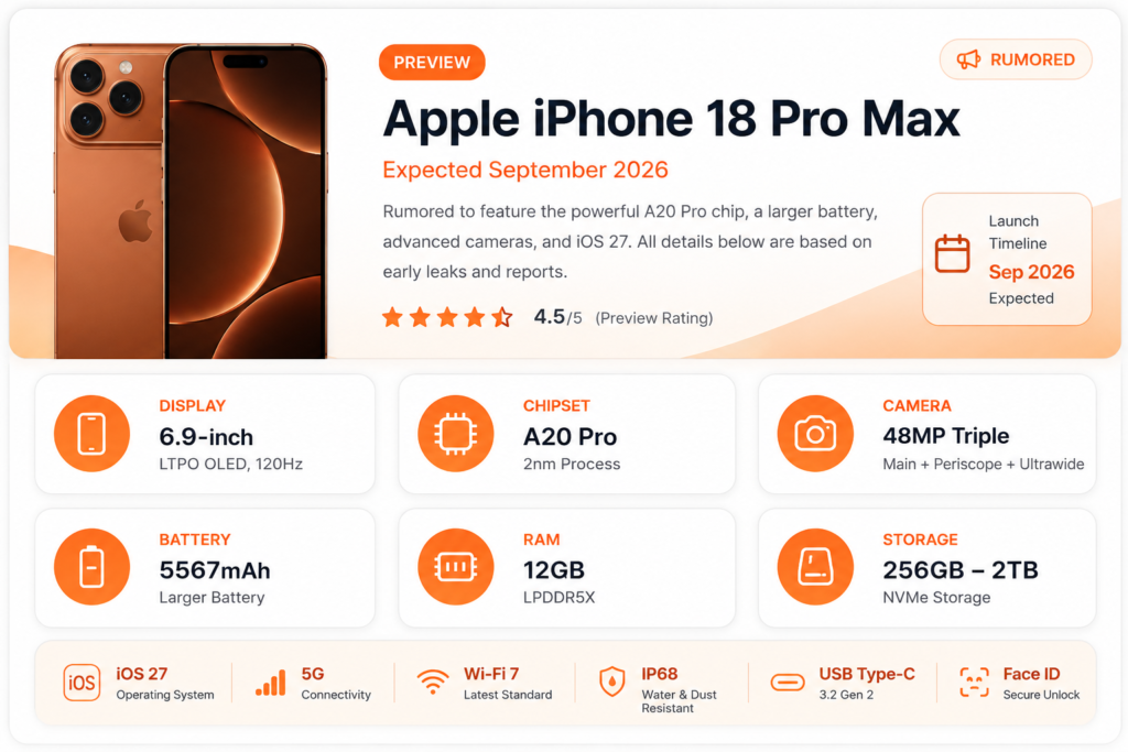 Apple iPhone 18 Pro Max preview showing the expected design and key specifications for 2026.