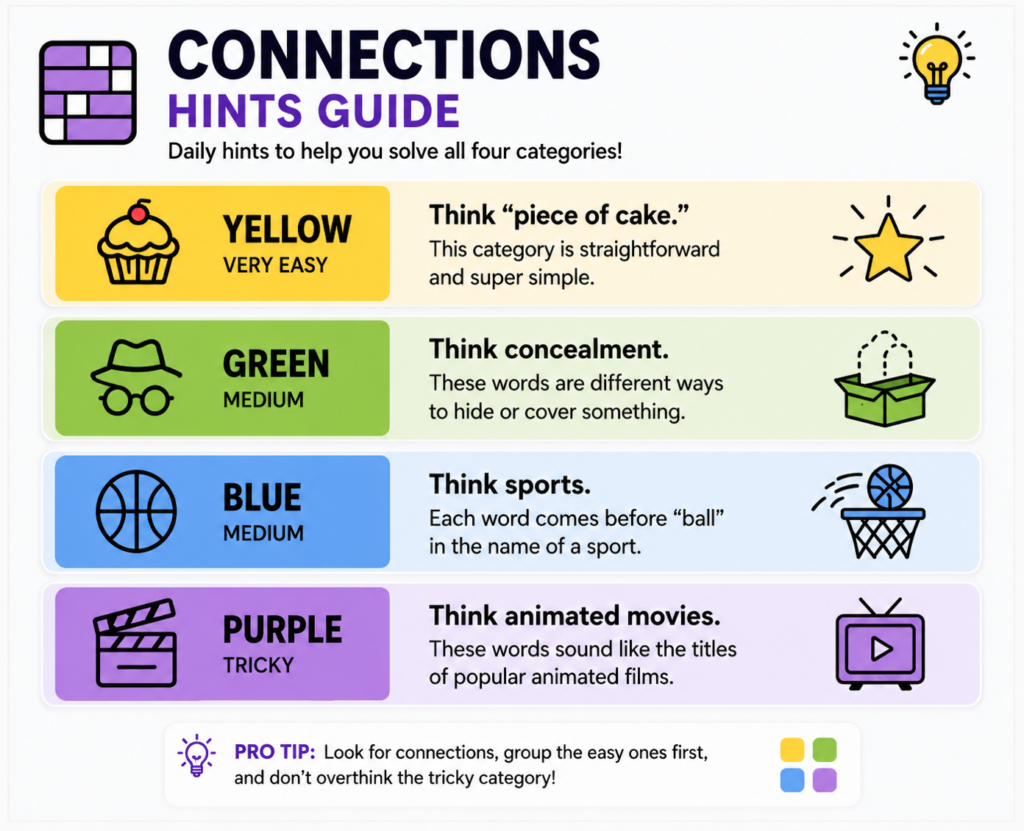 NYT Connections Hints Today: Daily Clues & Strategy Guide Connections Hints Guide with yellow, green, blue, and purple category hints