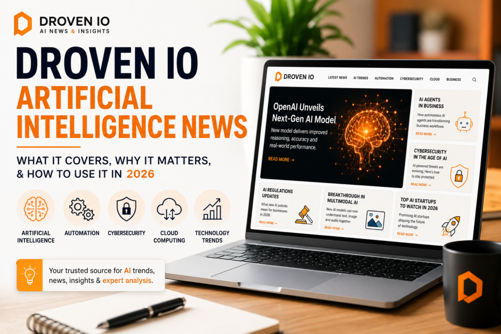 Droven IO Artificial Intelligence News: What It Covers, Why It Matters, and How to Use It in 2026 Droven IO Artificial Intelligence News featured image showing AI trends, automation, cybersecurity, and technology news in 2026.