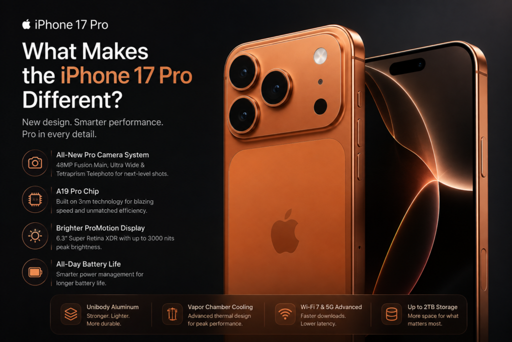 iPhone 17 Pro in Cosmic Orange showcasing its camera system and premium design