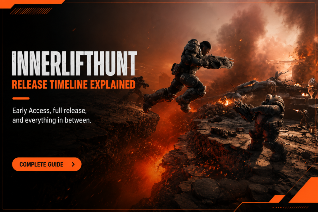 InnerLiftHunt release timeline showing Early Access, full release, and a cinematic battlefield scene in 2026.