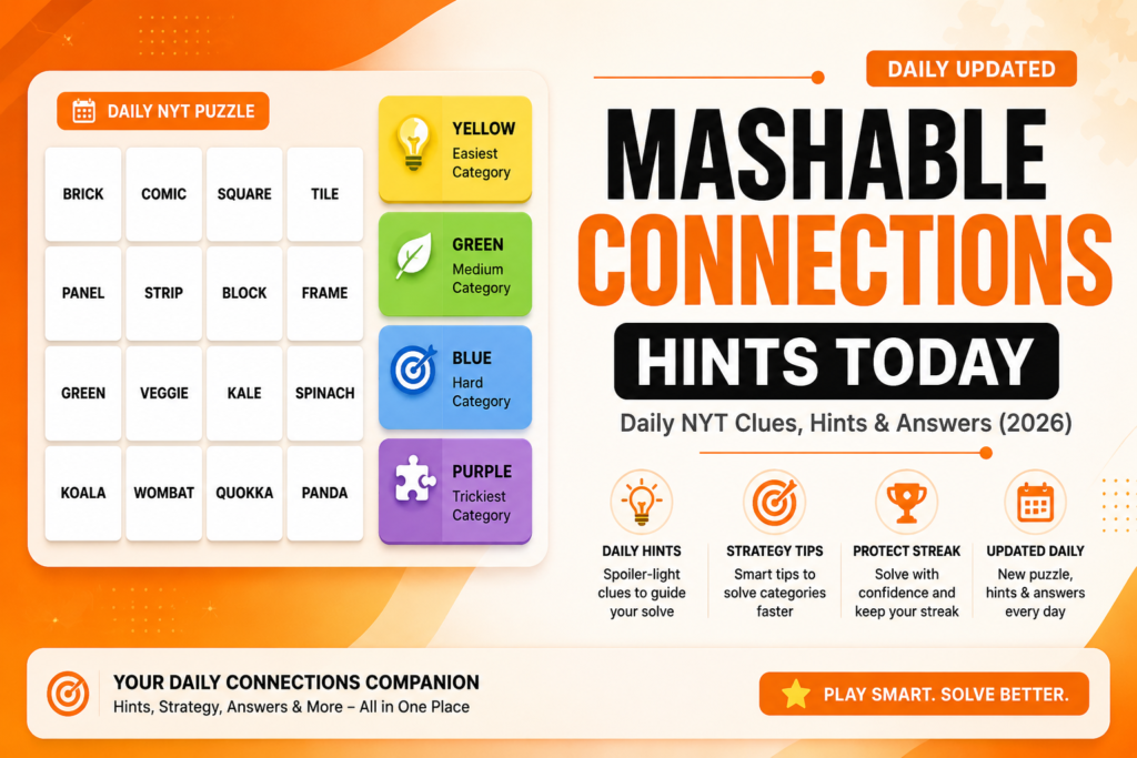 Mashable Connections Hints Today featured image with daily NYT puzzle hints, category clues, strategy tips, and answers.