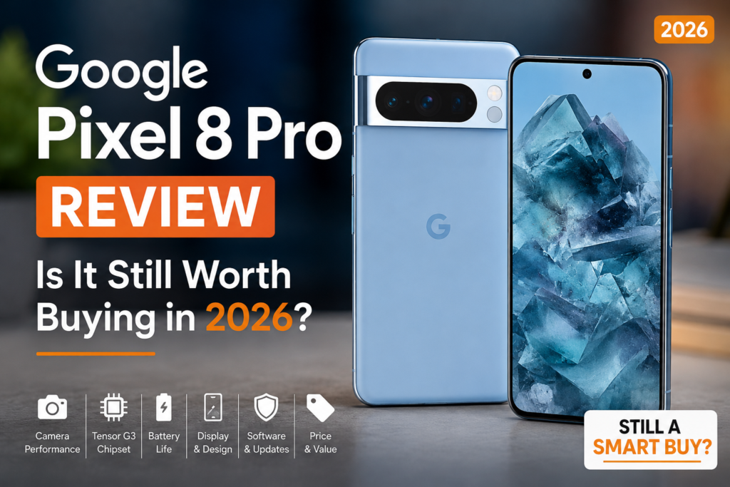 Google Pixel 8 Pro review 2026 showing the phone’s front and rear design with camera, Tensor G3, battery and software features