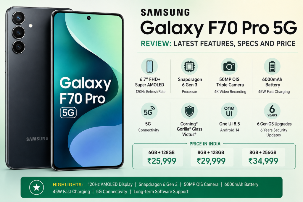 Samsung Galaxy F70 Pro 5G review showing 120Hz AMOLED display, 50MP OIS camera, 6000mAh battery and key specifications