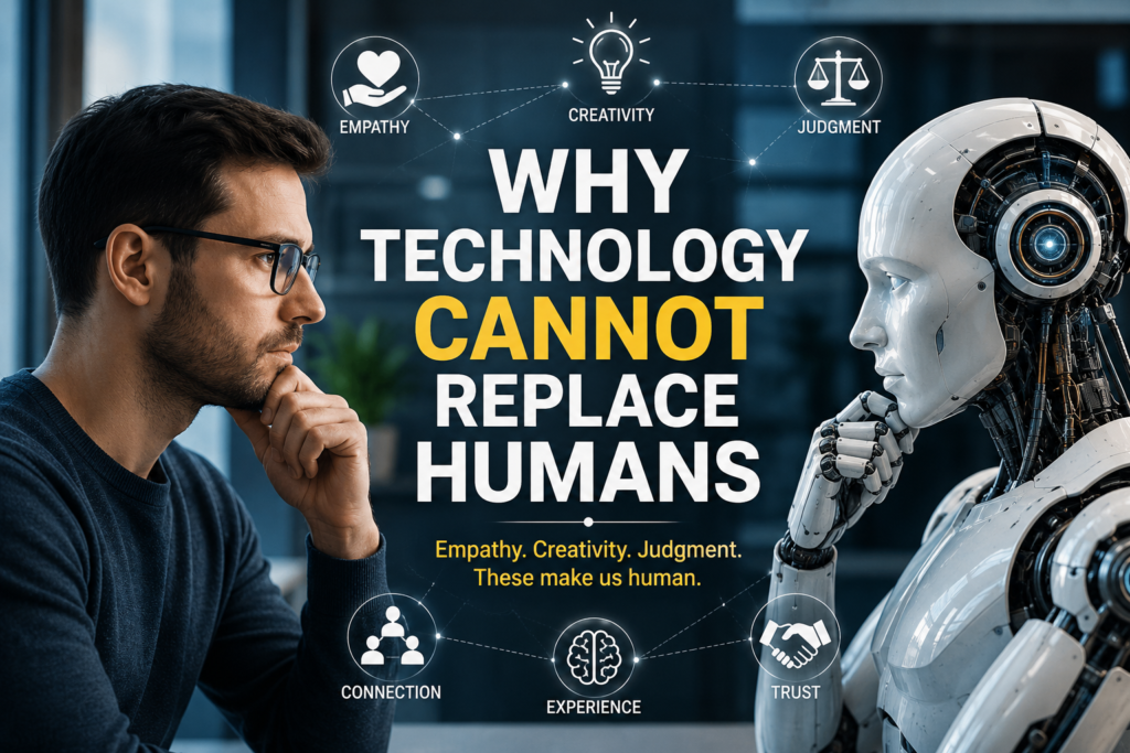 Why technology cannot replace humans, showing a robot and human representing AI and human abilities