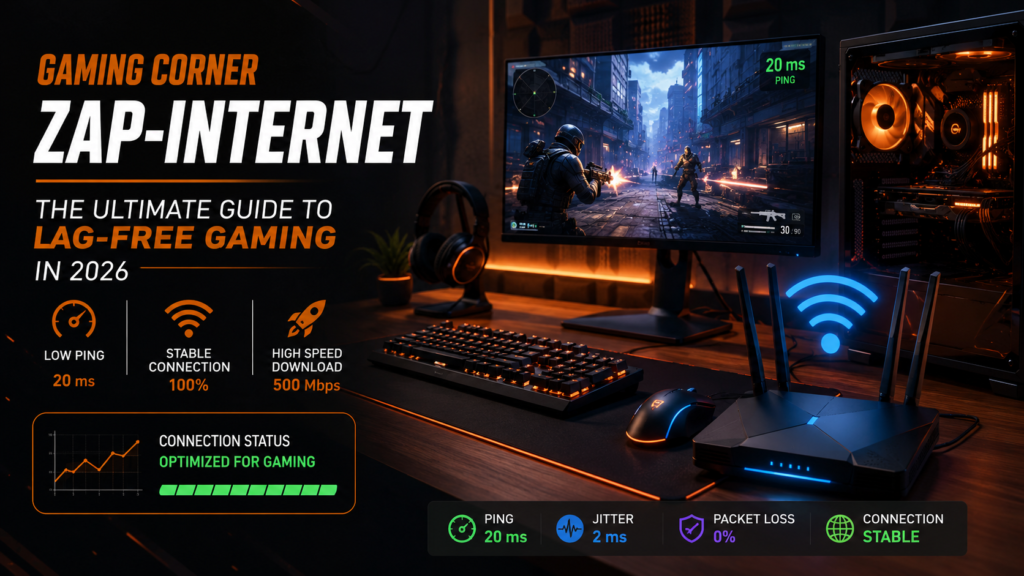 Gaming Corner Zap-Internet – The Ultimate Guide to Lag-Free Gaming in 2026 Gaming Corner Zap-Internet guide showing a gaming PC setup, Wi-Fi router, and low ping connection for lag-free gaming in 2026