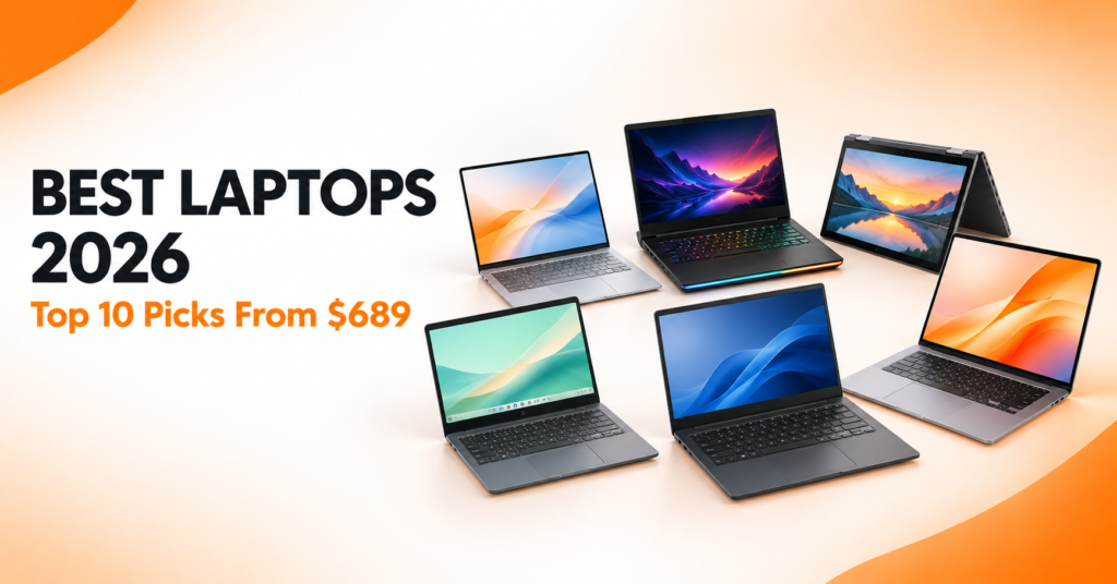 Best laptops of 2026 featuring six different laptop types on a white and orange background.